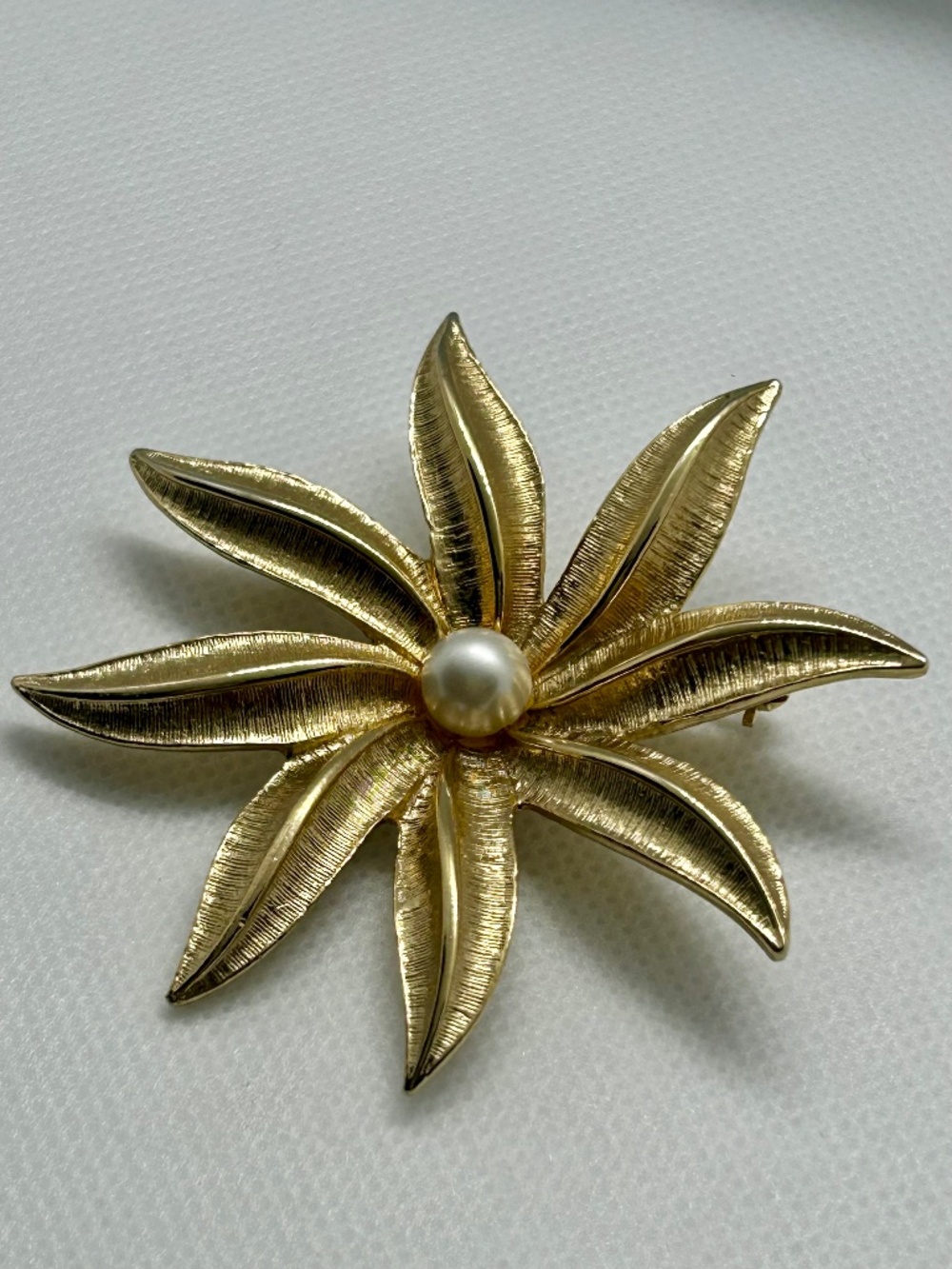 Gold Starflower Brooch, Man-Made Pearl Centre